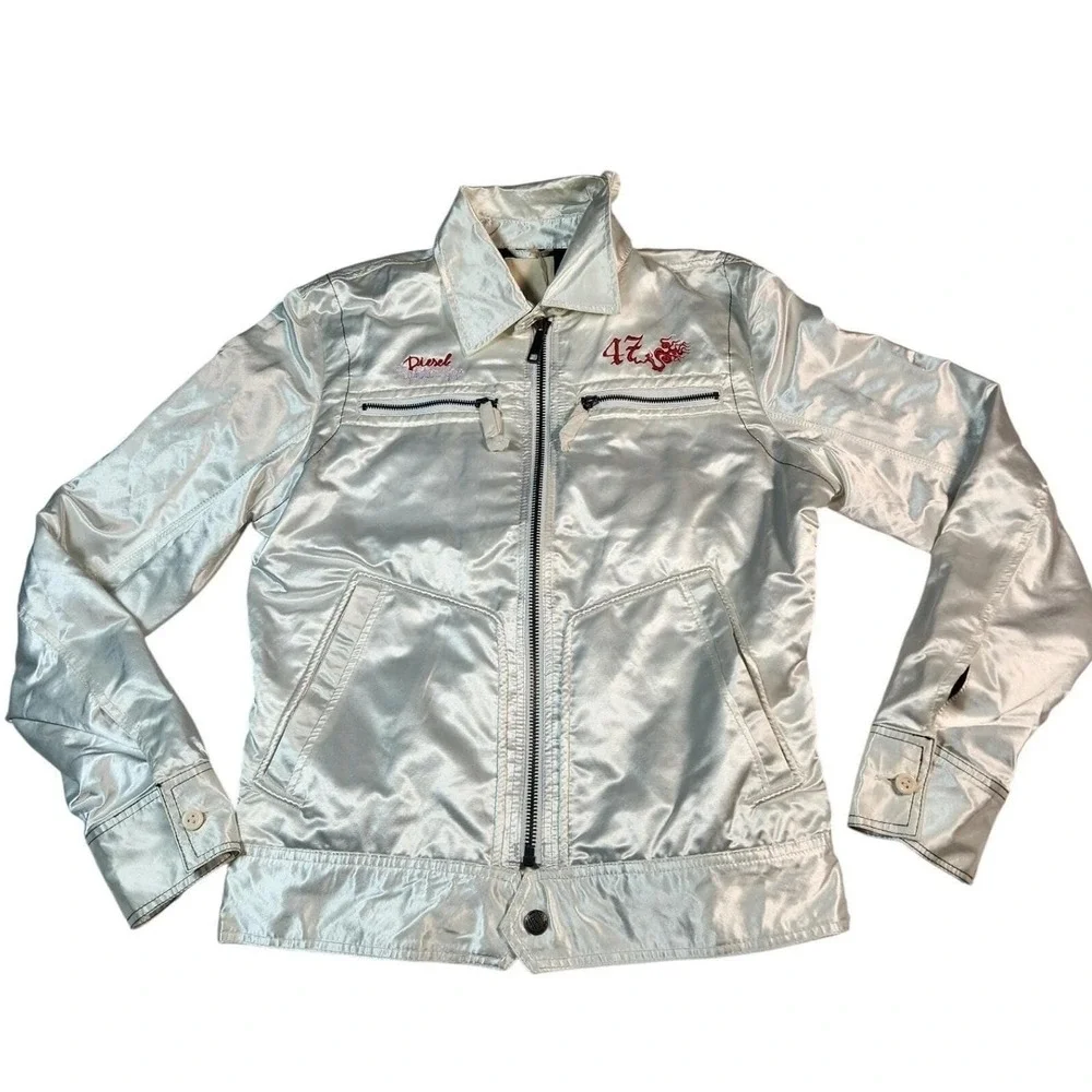 NWT Diesel Satin Bomber Jacket Panther Embroidery - Silver/White Size M Rare VTG